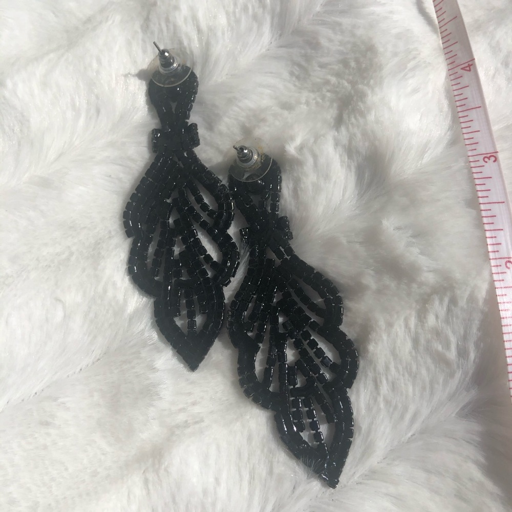 Black jeweled 3 inch drop earrings classic style - Picture 7 of 8